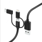 Cablu de date Hama 3-in-1 00201536, USB-A - Micro USB + USB-C + Lightning, 1.5m, Black