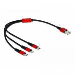 Cablu de date Delock 85891 3in1, USB - micro USB + Lightning + USB-C, 0.3m, Black-Red