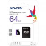 Memory Card microSDHC A-data Premier 64GB, Class 10, UHS-I U1 + Adaptor SD