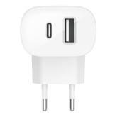 Incarcator retea Belkin Boost Wall, 1x USB-C, 1x USB 2.0, 30W, White