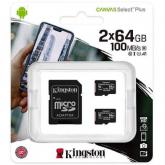 Memory Card microSDXC Kingston Canvas Select Plus 64GB, Class 10, UHS-I U1, V10, A1, 2Pack + Adaptor SD