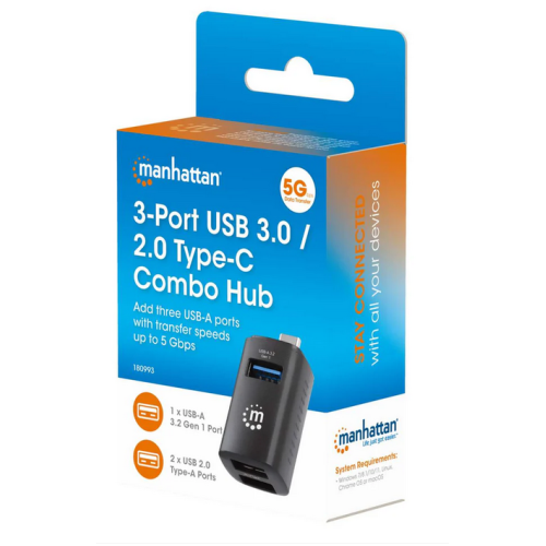 Hub USB Manhattan 180993, 2 x USB 2.0, 1 x USB 3.2 gen 1, Black 