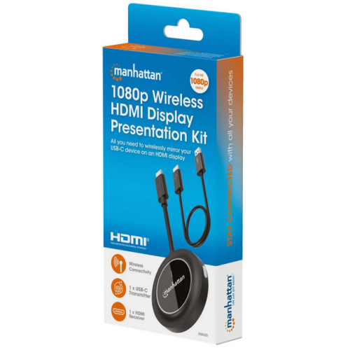 Adaptor Wireless Manhattan 208420, USB-C, Black + Receiver USB-A - HDMI, Black