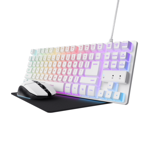 Kit Wireless Trust GXT 794W - Tastatura, Rainbow LED, USB/USB Wireless, US layout, White + Mouse Optic, USB Wireless, Black-White + Mouse Pad, Black