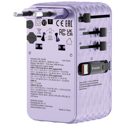 Incarcator retea Verbatim Charge n Travel, 1 x USB-A, 1x USB-C, 70 W, Purple