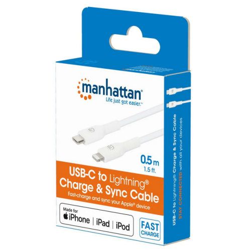 Cablu de date Manhattan 394505, USB-C male - Lightning male, 0.5 m, White