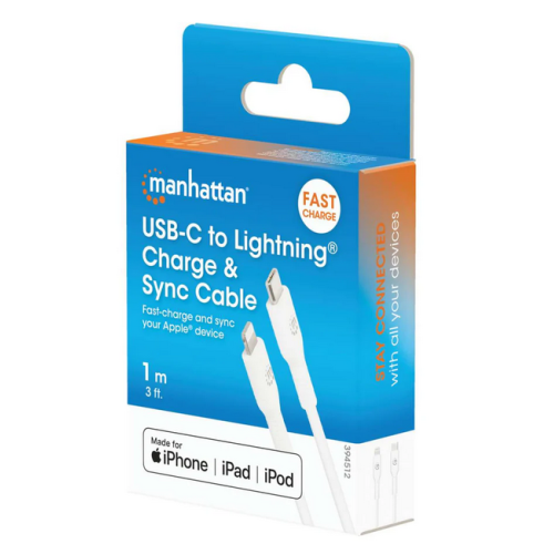 Cablu de date Manhattan 394512, USB-C male - Lightning male, 1 m, White