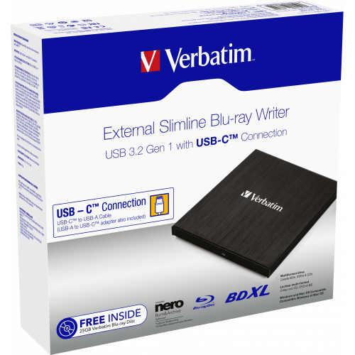 Unitate optica externa Verbatim Slimline Blu-ray writer, USB-C, Black