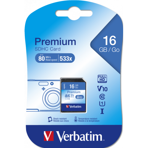 Memory Card SDHC Verbatim Premium 16GB, Class 10, UHS-I U1, V10