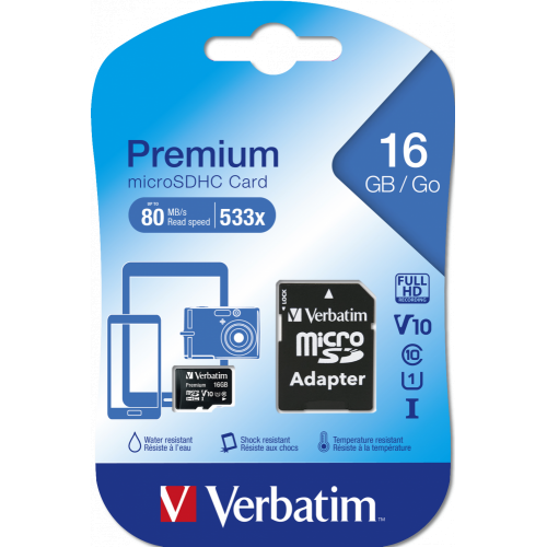 Memory Card microSDHC Verbatim Premium 16GB, Class 10, UHS-I U1, V10 + Adaptor SD