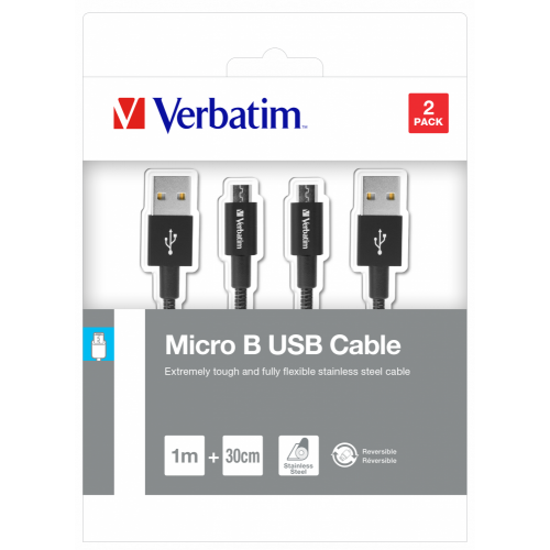 Cablu de date Verbatim 48875, USB - microUSB, 1m/0.3m, Black, 2buc