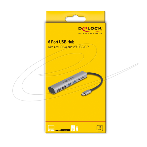 HUB USB Delock 64232, 2 x USB 3.2 gen 1, 2 x USB 2.0, 2 x USB-C, Gray