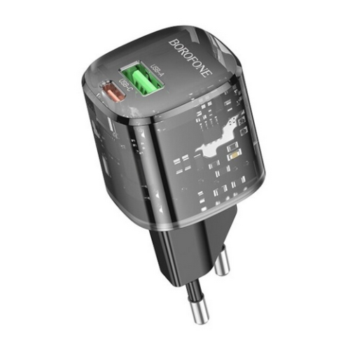 Incarcator retea Borofone BN17, 1 x USB-C, 1 x USB-A, Quick Charge 20 W, Clear