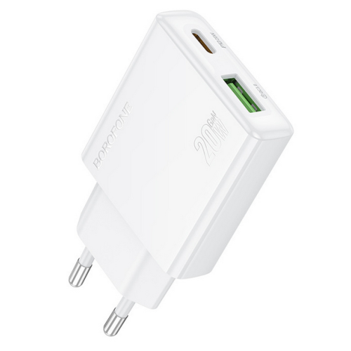 Incarcator retea Borofone BN23, 1 x USB-A, 1 x USB-C, 20 W, White