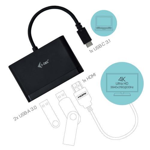 Adaptor i-tec C31DTPDHDMI, USB-C - 1x HDMI + 2x USB 3.0 + 1x USB C PD/Data, Black