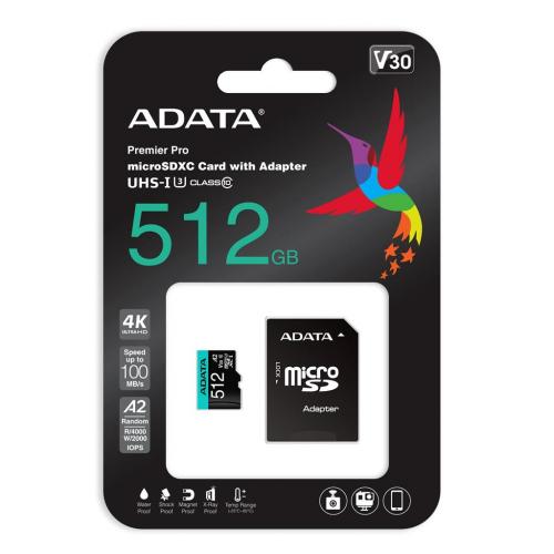 Card de Memorie MicroSD ADATA 512GB, Adaptor SD, Class 10