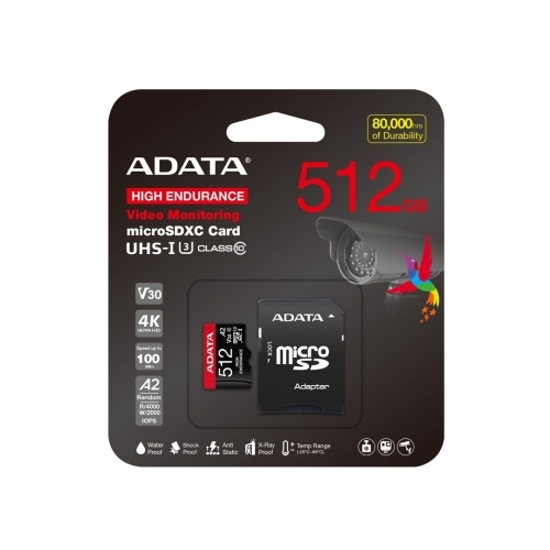 Memory Card microSDXC A-Data High Endurance 512GB, Class 10, UHS-I U3, A1 + Adaptor SD