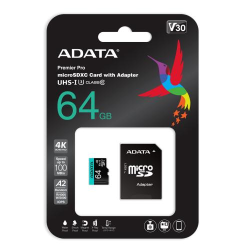 Card de Memorie MicroSD ADATA 64GB, Adaptor SD, Class 10