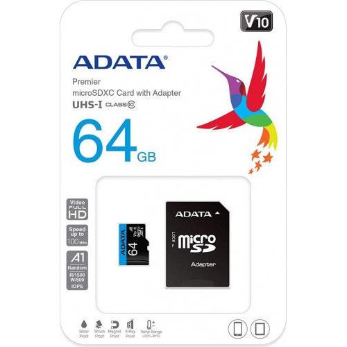 Memory Card microSDXC A-data Premier 64GB, Class 10, UHS-I U1, V10, A1 + Adaptor SD