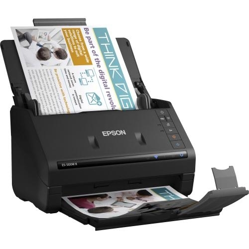 Scanner Epson WorkForce ES-500WII, dimensiune A4, tip sheetfed, Duplex, viteza scanare: 35 ppm mono si color, rezolutie optica 600 X 600dpi, senzor CIS, capacitate: 50 coli, tehnologie ReadyScan LED, Scanare catre BMP, JPEG, TIFF, multi-TIFF, PDF, searcha