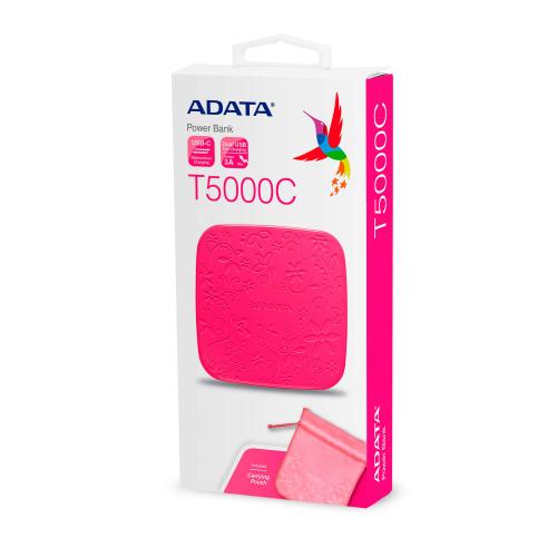 Baterie portabila ADATA T5000, 5000mAh, 1x USB, 1x USB-C, 1x Micro-USB, Pink