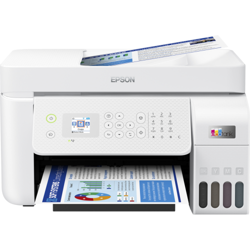 Multifunctional inkjet color Epson EcoTank CISS L5296, culoare: alb, dimensiune A4(Printare,Copiere, Scanare, Fax), printare borderless, viteza 33ppm alb-negru, 15ppm color, rezolutie 5760 x 1440 dpi, alimentare hartie 100 coli, ADF 30 coli ,scanner CIS, 