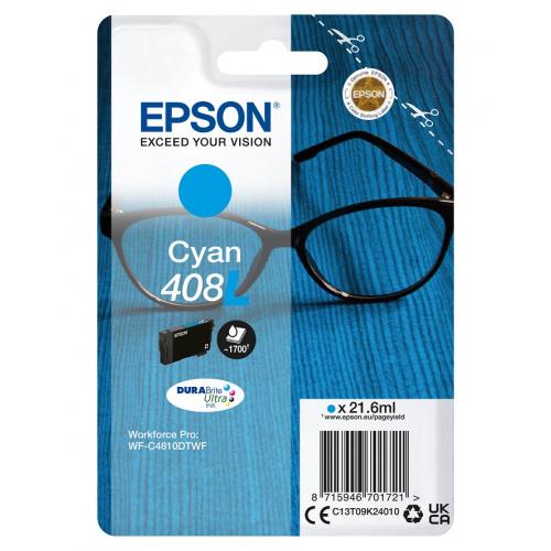 Cartus cerneala Epson 408L Ink Tank, Cyan, DuraBrite Ultra Ink,capacitate 21.6ml, 1.7k pagini, pentru WorkForce Pro WF-C4810DTWF.