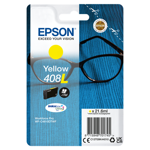 Cartus cerneala Epson 408L Ink Tank, DURABrite Ultra ink, Yellow, capacitate 21.6ml, 1.7k pagini, pentru WorkForce Pro WF-C4810DTWF.