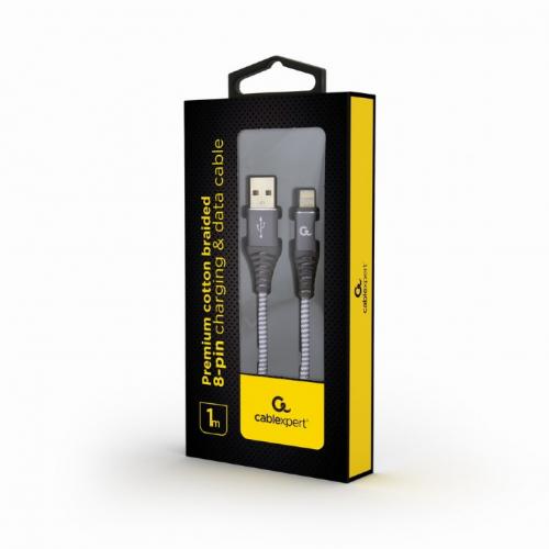 Cablu de date Gembird Premium Cotton Braided, USB - Lightning, 1m, Grey 