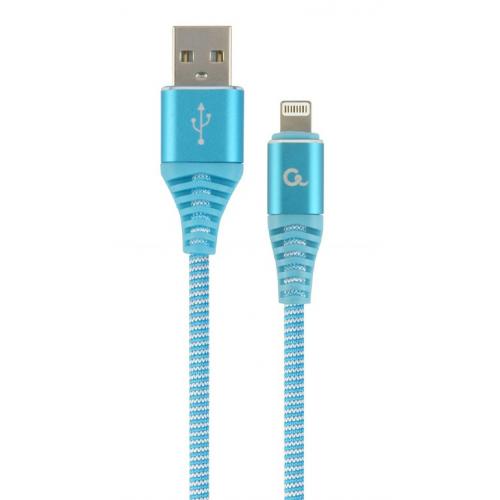 Cablu de date Gembird Premium Cotton Braided, USB - Lightning, 1m, Turquoise-White