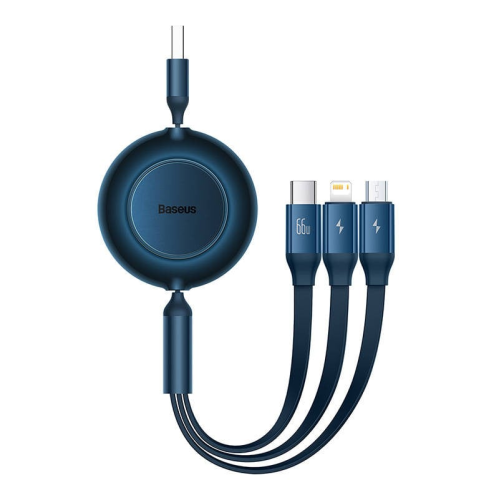 Cablu de date Baseus Bright Mirror One-for-three Retractable, USB-A male - USB-C/Lightning/microUSB, 1.1m, Blue