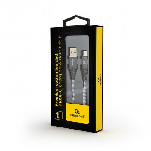 Cablu de date Gembird Premium Cotton Braided, USB 2.0 - USB-C, 1m, Grey