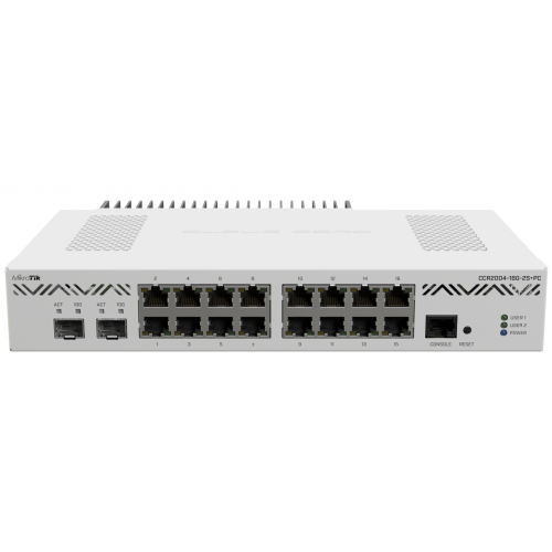 MIKROTIK ETHERNET ROUTER CCR2004-16G-2S+PC, 16 X 10/100/1000, 2XSFP+ Ports, CPU: AL32400 1200Mhz, Dimensiuni: 272 x 195 x 44 mm, Sistem operare:RouterOS v7, 4GB RAM, 128 MB NAND, IP20.