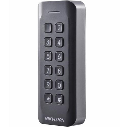 Cititor card cu tastatura Hikvision, DS-K1802MK; citeste carduri MIFARE; frecventa operare: 13.56MHz; indicator LED de stare si alimentare; Processor: 32-bit; Reading Range: <50mm (<1.97); Supports Wiegand (W27/W35) protocol, Dust-proof, IP 65; dimensiuni