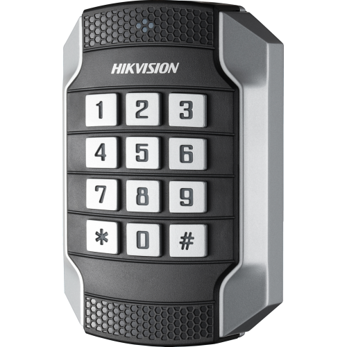 Card reader Hikvision, DS-K1104MK; Mifare 1 card, with keypad; Supports RS485 and Wiegand(W26/W34) protocol; Tamper-proof alarm, Dust-proof, Vandal Proof, IP 65; Applied for 86 and 120 Gang Box.