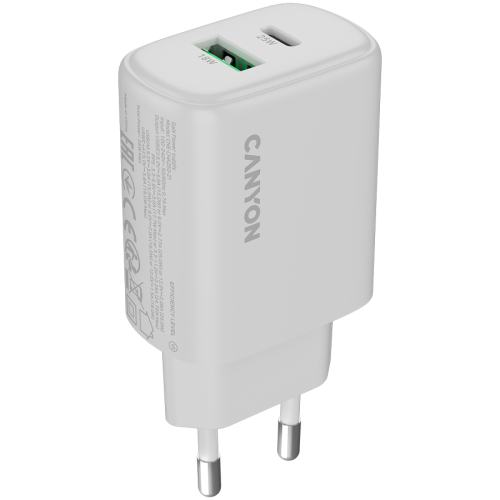Incarcator retea Canyon OnCharge 250, 1 x USB-C, 1 x USB-A, 12 V, 3 A, 25 W, White