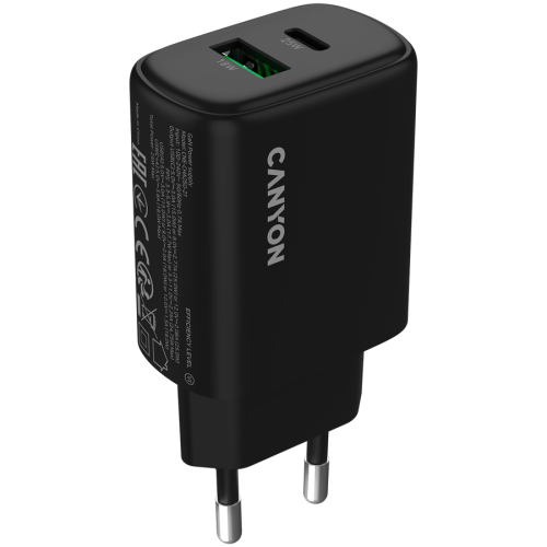 Incarcator retea Canyon OnCharge 250, 1 x USB-C, 1 x USB-A, 12 V, 3 A, 25 W, Black