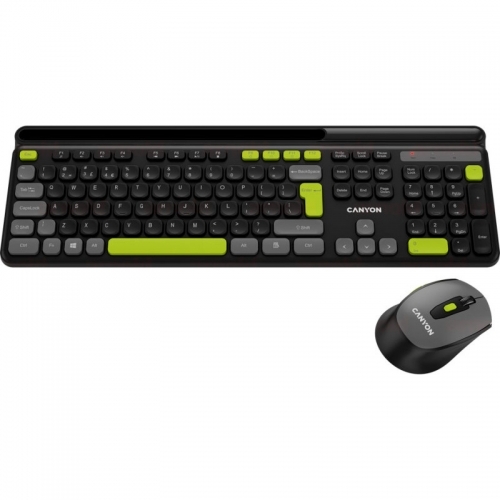 Kit Wireless Canyon HSET-W5 - Tastatura, USB Wireless, Black-Green + Mouse Optic, USB Wireless, Black-Green
