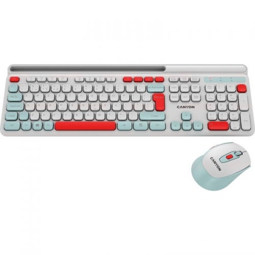 Kit Wireless Canyon HSET-W5 - Tastatura, USB Wireless, White-Red + Mouse Optic, USB Wireless, White-Red