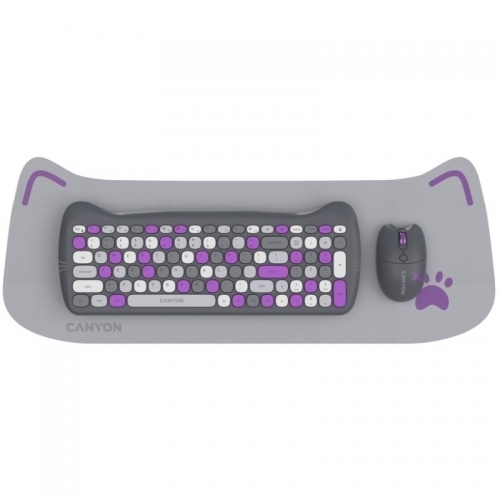 Kit Wireless Canyon HSET-W6 Kitty Edition - Tastatura, USB Wireless, Violet + Mouse Optic, USB Wireless, Violet + Mouse Pad, Gray-Violet