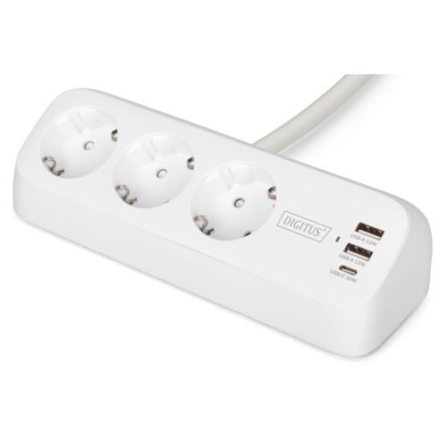 Prelungitor Digitus by Assmann DA-70626, 3 x Schuko, 2 x USB-A, 1 x USB-C, White