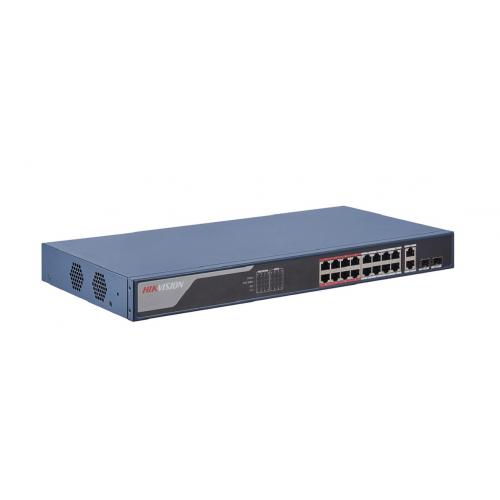 Switch 16 porturi POE Hikvision DS-3E1318P-EI, L2, Smart Managed, 16 × 100 Mbps PoE RJ45 ports si 2 × porturi gigabit, Putere PoE 230W, maxim 30W per port, Extend mode - pana la 300 metri,  Switching capacity 7.2 Gbps, Visualized Topology Management, Netw