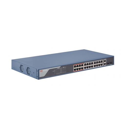Switch 24 porturi Hikvision DS-3E1326P-EI, L2, Smart Managed, 24 × 100 Mbps PoE RJ45 ports si 2 × gigabit combos, Putere PoE 370W, Extend mode - pana la 300 metri, maxim 30W per port, Switching capacity 8.8 Gbps, Network topology management, alarm push, n