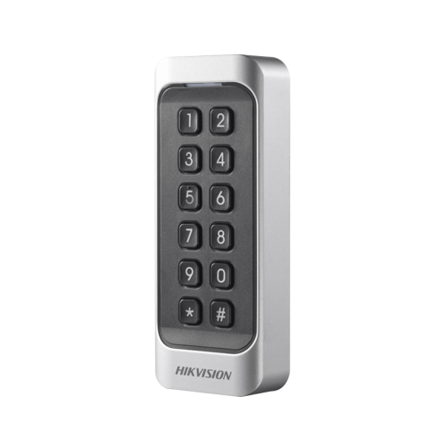 Cititor card cu tastatura Hikvision DS-K1107AMK, citeste carduri Mifare 13.56 MHz, distanta citire: ≤ 50 mm, RS-485, Wiegand (W26/W34) protocol si protocol OSDP, Watchdog, Keypad cu 12 butoane,  indicator de stare si alimentare, buzzer incorporat, tamper,