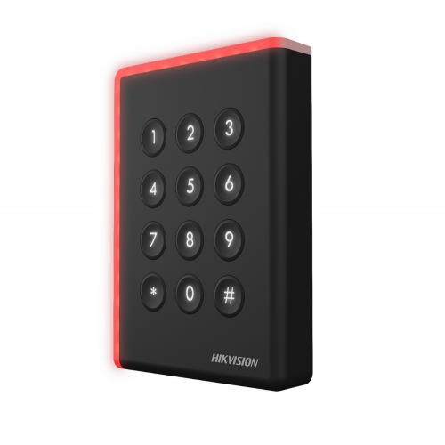 Cititor card cu tastatura Hikvision DS-K1108AEK, citeste carduri EM 125 KHz, distanta citire: ≤ 50 mm, comunicare: RS-485, Wiegand (W26, W34) protocol si OSDP protocol, indicator LED de stare si alimentare, tamper, buzzer, alimentare: 12 VDC, IP65, dimens