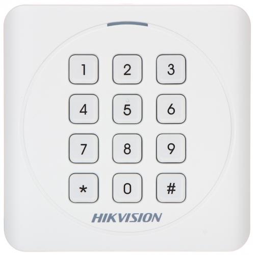 Cititor card cu tastatura Hikvision DS-K1801EK, frecventa de operare RFID EM125KHz, conectivitate: Wiegand 26/34 protocol, distanta de citire: max. 50mm, tastatura cu 12 butoane, Led de stare, alimentare; 12VDC, dimensiuni: 87mm × 87mm × 13.3mm, IP 65, gr