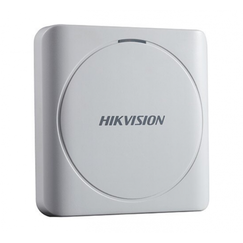 Cititor card Hikvision DS-K1801M, citeste carduri RFID Mifare, distanta citire: 50mm, comunicare: Wiegand 26/34 protocol, indicator LED de stare si alimentare; alimentare: 12VDC, IP65, dimensiuni: 87 × 87 × 13.3mm