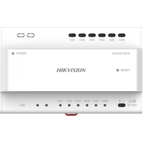 Distribuitor audio/video pentru sisteme de videointerfonie cu conexiune pe 2 fire Hikvision DS-KAD706, 6 canale de alimentare( include un canal cu putere maxima de 16W), interfata retea: 1, RJ45, alimentare 24 VDC