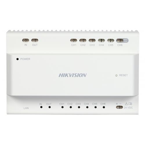 Controler pentru sisteme de videointerfonie cu conexiune pe 2 fire Hikvision DS-KAD706-S, 6 canale, interfata retea: 1, RJ45, alimentare 24 VDC