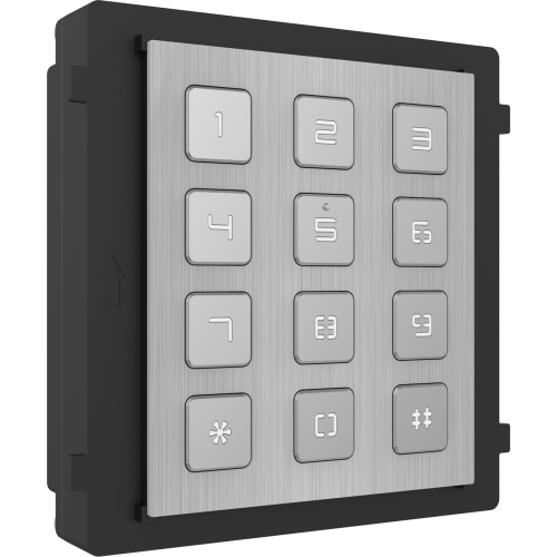 Modul de extensie videointerfon cu tastatura Hikvision DS-KD- KP/S;.permite formarea codului de apartament sau a codului de acces; montaj aplicat sau ingropat (accesoriile de montaj nu sunt incluse); iluminare pe timp de noapte; protectie: IP65, IK7; Dime